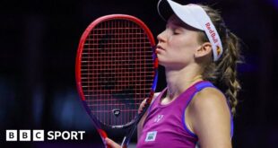 Elena Rybakina closes her eyes with her racquet resting against her chin