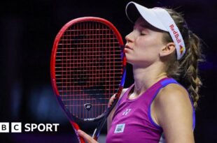 Elena Rybakina closes her eyes with her racquet resting against her chin