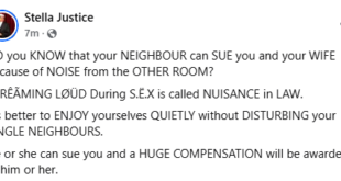 Your neighbour can sue you and your wife for noise from the other room