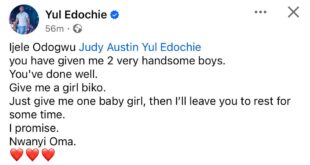 Yul Edochie pleads with Judy Austin to give him a baby girl