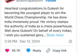 18-year-old Indian man, Gukesh Dommaraju becomes the youngest ever chess world champion as he wins cash prize of $2.5m