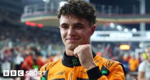 Lando Norris smiles and clenches his fist in celebration after qualifying on pole for the Abu Dhabi Grand Prix