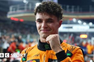 Lando Norris smiles and clenches his fist in celebration after qualifying on pole for the Abu Dhabi Grand Prix