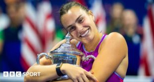 Aryna Sabalenka celebrates after winning the 2024 US Open