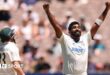 Jasprit Bumrah celebrates taking a wicket