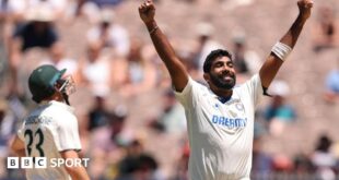 Jasprit Bumrah celebrates taking a wicket