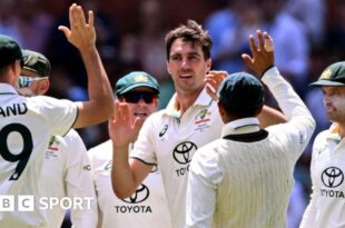 Australia captain Pat Cummins celebrates taking five wickets with his team-mates