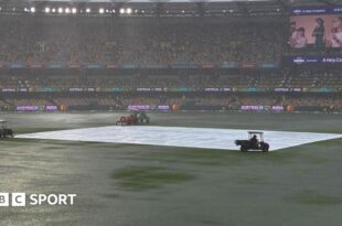 A general view of Gabba as the outfield is covered in puddles