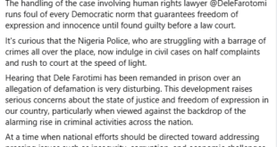 Hearing that Dele Farotimi has been remanded in prison over an allegation of defamation is very disturbing - Peter Obi