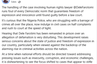 Hearing that Dele Farotimi has been remanded in prison over an allegation of defamation is very disturbing - Peter Obi