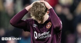 James Wilson of Hearts holds his head in his hands