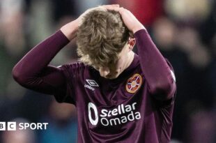 James Wilson of Hearts holds his head in his hands