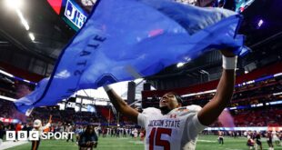 Quarterback Jacobian Morgan of the Jackson State Tigers celebrates after the win over the South Carolina State Bulldogs at the Mercedes-Benz Stadium in Atlanta, Georgia.