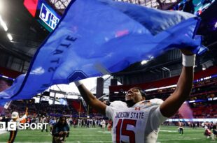 Quarterback Jacobian Morgan of the Jackson State Tigers celebrates after the win over the South Carolina State Bulldogs at the Mercedes-Benz Stadium in Atlanta, Georgia.