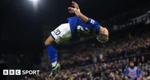 Ipswich Town's Omari Hutchinson celebrates his goal with a backflip