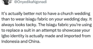 It always looks tacky - Nigerian man knocks groom who rock Isiagu to their church weddings