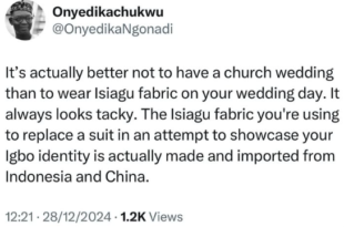 It always looks tacky - Nigerian man knocks groom who rock Isiagu to their church weddings