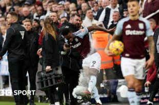 Jhon Duran kicks a water bottle