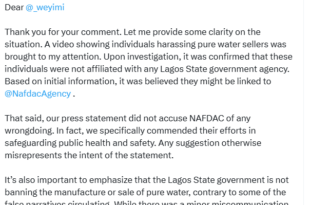 Lagos Commissioner, Tokunbo Wahab, responds after NAFDAC countered his claim that its enforcement agents were the ones caught on camera destroying bags of sachet water