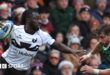 Gabriel Ibitoye of Bristol Bears tries to make a break against Leicester Tigers