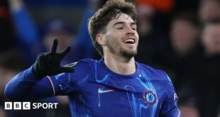 Marc Guiu celebrates after completing his hat-trick in Chelsea's Conference League win over Shamrock Rovers