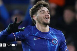 Marc Guiu celebrates after completing his hat-trick in Chelsea's Conference League win over Shamrock Rovers