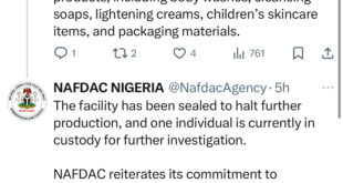 NAFDAC Shuts Down multimillion Naira Cosmetics Factory In Lagos