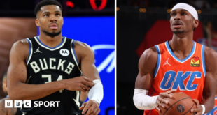 A split picture of Giannis Antetokounmpo and Shai-Gilgeous Alexander