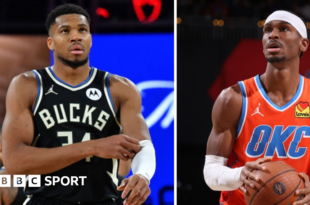 A split picture of Giannis Antetokounmpo and Shai-Gilgeous Alexander