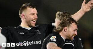 Callum Chick (left) - with his arms out - celebrates with Alex Hearle and Tom Gordon following Newcastle's win over Saracens