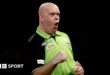 Michael van Gerwen shouts after winning a leg at the World Darts Championship