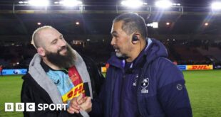 Pat Lam and Joe Marler shaking hands after the match