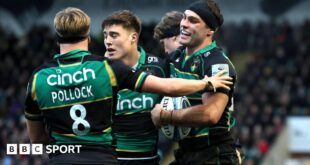 Josh Kemeny celebrates scoring for Northampton Saints