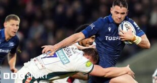 Sale Sharks Luke James is tackled by Leicester Tigers' Tommy Reffell