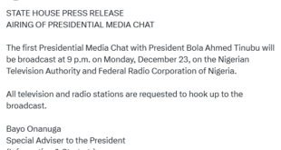 President Tinubu to host first media chat tonight by 9pm