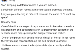 Sleeping in different rooms as a married couple promotes cheating - Nigerian lawyer says