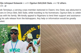 Suspected kidnappers abduct Corps member in Ekiti