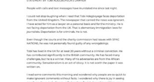 ?The claim that Pastor Toi is facing deportation is false. He has lived in the UK without any criminal conviction? - Pastor Tobi Adegboyega?s lawyer claims