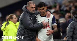 Tottenham manager Ange Postecoglou with defender Cristian Romero