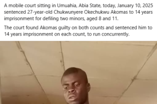 27-year-old man sentenced to 14 years imprisonment for def!ling two minors aged 8 and 11 in Abia