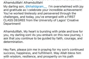 Actress, Fathia Williams, celebrates as her son, Khalid, graduates with first class from UNILAG