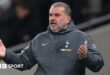 Tottenham boss Ange Postecoglou holds his hands out in exasperation