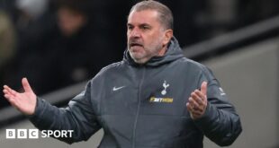 Tottenham boss Ange Postecoglou holds his hands out in exasperation