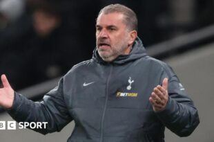 Tottenham boss Ange Postecoglou holds his hands out in exasperation