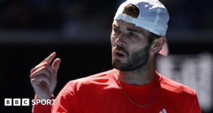 Jacob Fearnley reacts during his Australian Open defeat