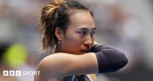 Qinwen Zheng reacts to a point during the Australian Open