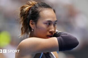 Qinwen Zheng reacts to a point during the Australian Open