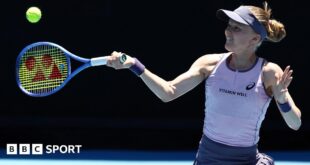 Harriet Dart of Great Britain plays a forehand in her second round match against Taylah Preston of Australia