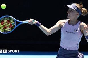 Harriet Dart of Great Britain plays a forehand in her second round match against Taylah Preston of Australia