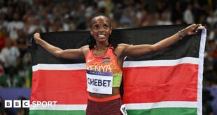 Beatrice Chebet celebrates winning 5,000m gold at the Paris Olympics